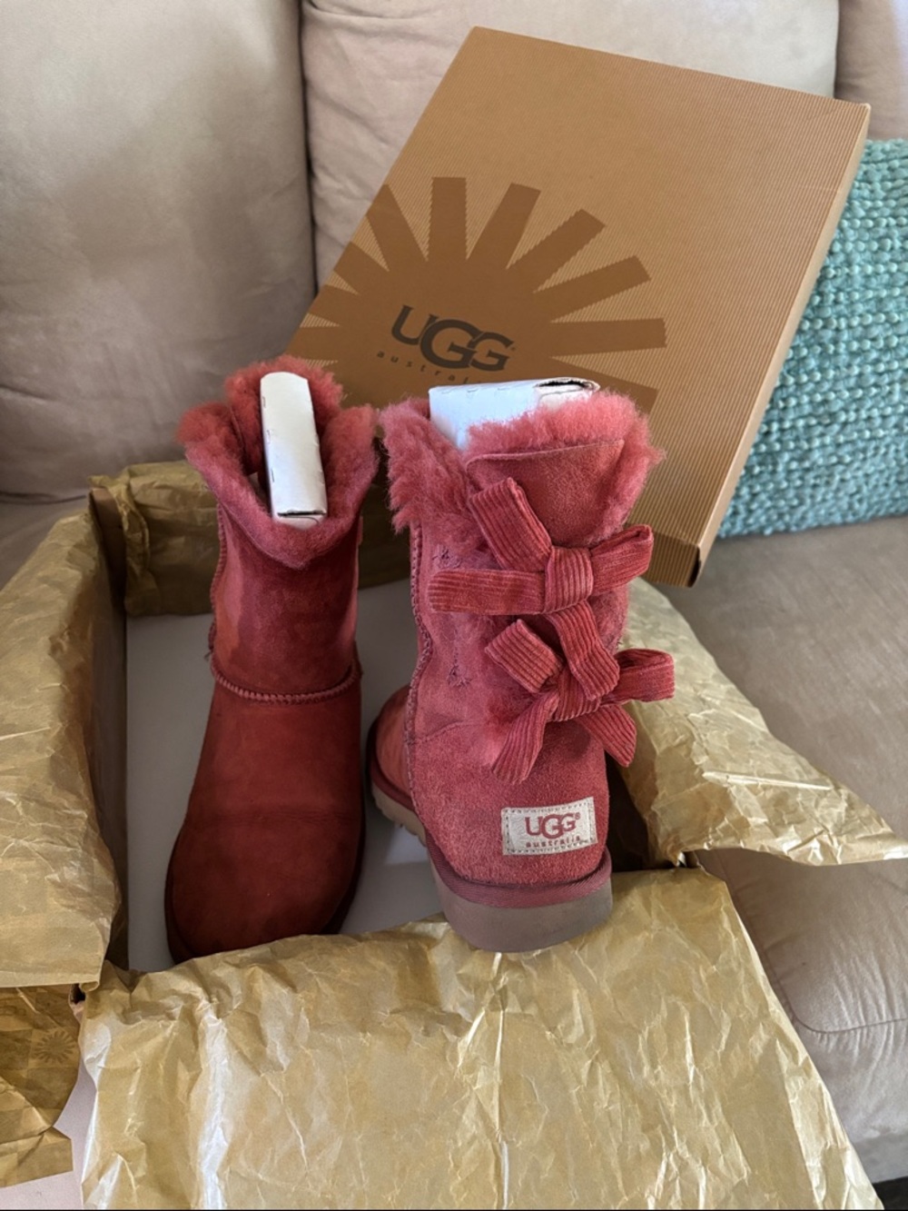 UGG Short Suede Boots with Double Back Bows in Rose